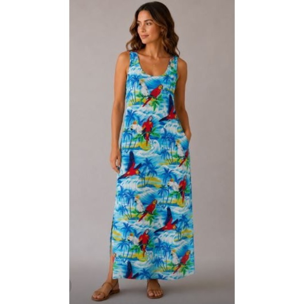 Vintage Blue Maxi Dress XL Blue Tropical Parrot Palm Tree Print Muumuu Hawaii